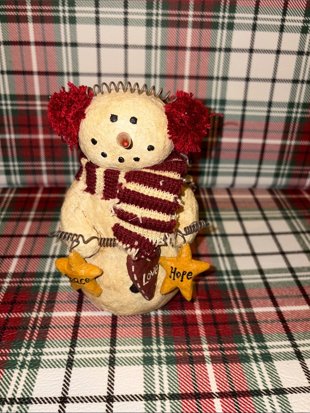 Handcrafted Primitive Holiday Snowman Figurine with Red Accents
